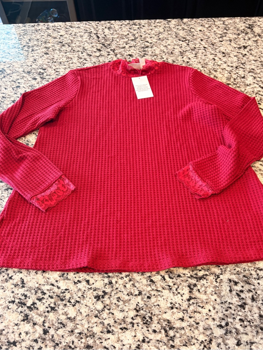 NWOT Logo Goldstein Women's Small Red Long-Sleeve Textured Top with Lace Trim